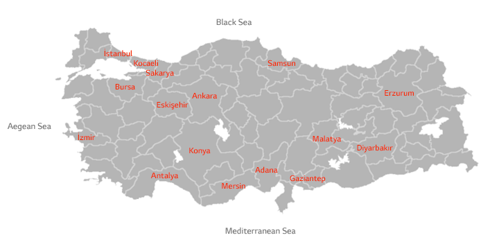 map of Turkey with major cities